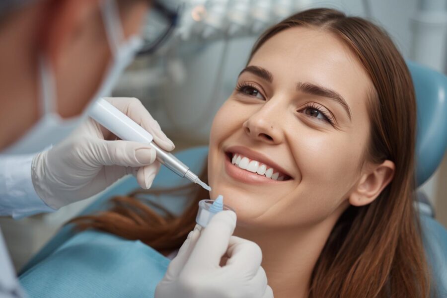 Paciente sonriendo tras un tratamiento de blanqueamiento interno (post-endodoncia) en un diente tratado